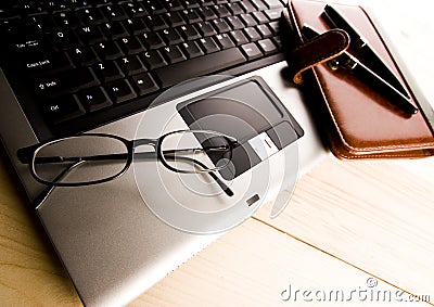 Laptop & Ballpoint & Glasses Stock Photo
