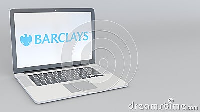 Laptop with Barclays logo. Computer technology conceptual editorial 3D rendering Editorial Stock Photo