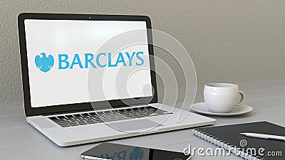 Laptop with Barclays logo on the screen. Modern workplace conceptual editorial 3D rendering Editorial Stock Photo