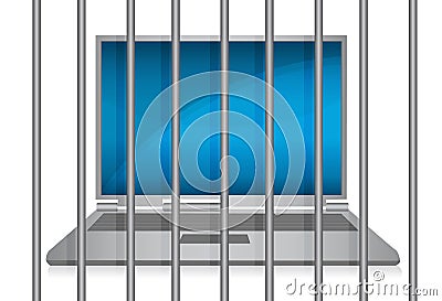 Laptop behind bars. online crime Vector Illustration