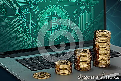 Laptop with Bitcoin logo on-screen and growing piles of golden Bitcoin Stock Photo