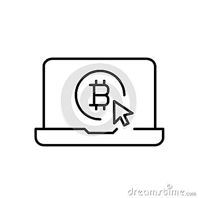 Laptop, bitcoin and mouse click. Cryptocurrency workstation. Secure account access. Pixel perfect vector icon Vector Illustration