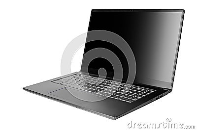 Laptop with blank black screen on white background isolated close up side view, modern slim computer design, open empty display Stock Photo
