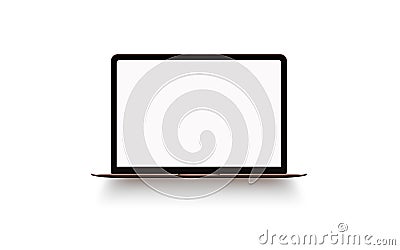 Laptop with blank computer screen on background. Front view notebook mock up. The display is opened 90 degrees. Cartoon Illustration