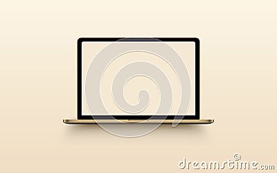 Laptop with blank computer screen on background. Front view notebook mock up. The display is opened 90 degrees. Cartoon Illustration