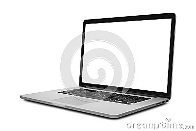Laptop with blank screen in angled position isolated on white background Editorial Stock Photo