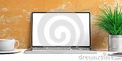 Laptop with blank screen and books on a white desk. 3d illustration Cartoon Illustration