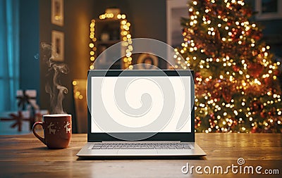 Laptop with blank screen and Christmas tree Stock Photo