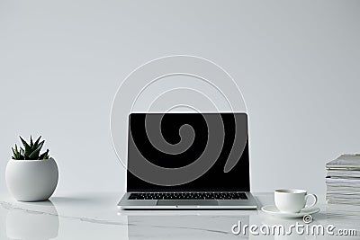 Laptop with blank screen, flowerpot, coffee Stock Photo