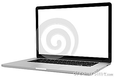 Laptop with blank screen isolated on white background, white aluminium body. Editorial Stock Photo