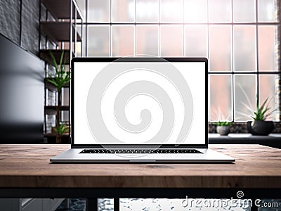 Laptop with blank screen mockup template on table in industrial old factory loft interior Stock Photo