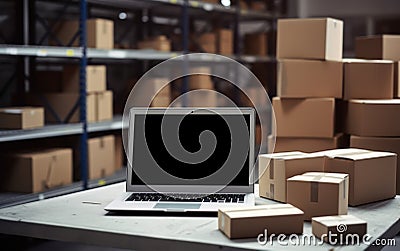 Laptop with blank screen standing among packed boxes Stock Photo