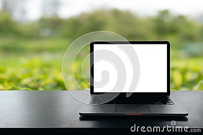 Laptop with blank screen on table, Conceptual workspace, Laptop computer with blank white screen on table, Green blurred backgroun Stock Photo