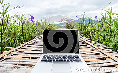 Laptop with blank screen on wooden road in nature outdoor park Stock Photo
