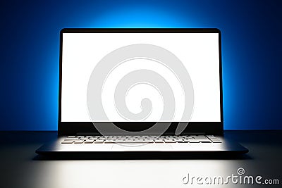 The laptop is on a blue background with a glowing white screen with copy space Stock Photo