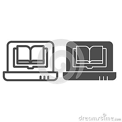 Laptop book line and glyph icon. Book on computer vector illustration isolated on white. Digital book outline style Vector Illustration