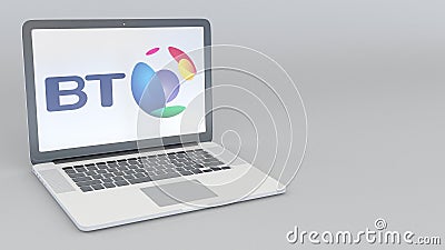 Laptop with BT Group logo. Computer technology conceptual editorial 3D rendering Editorial Stock Photo