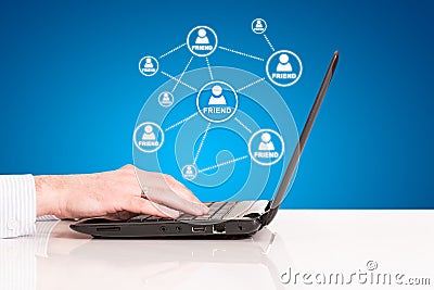 Laptop business man hand touch pad, technology social connection Stock Photo