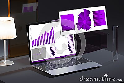 Laptop with Business violet data elements. Abstract infographics set with different diagrams. 3d rendering Stock Photo
