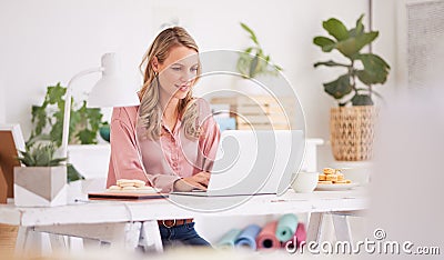 Laptop, business woman and front desk worker writing email, check schedule and appointment at desk. Happy, professional Stock Photo