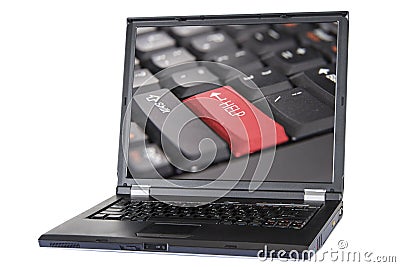Laptop and button help, keyboard help button, clipping path Stock Photo