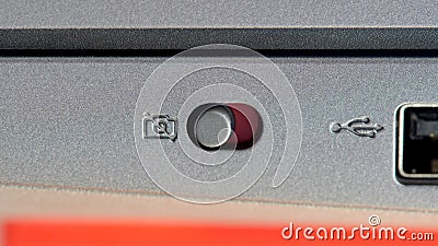 Laptop camera privacy switch in an off position, webcam hardware switch control for disabling the web cam access on the computer, Stock Photo