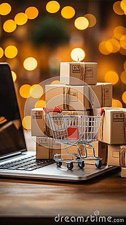 Laptop, cart, package boxes Online shopping's essence, product delivery concept streamlined. Stock Photo