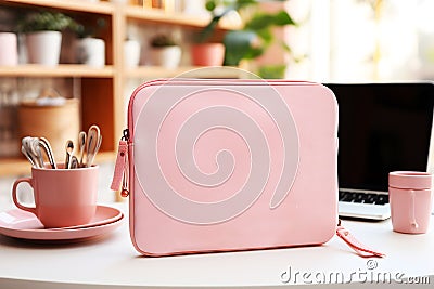 Laptop case mockup. Pink soft modern interior, AI Generated Stock Photo