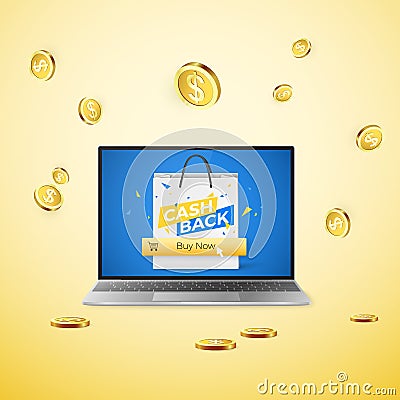 Laptop with Cashback banner on screen and button Buy Now and image of cart on it. Falling golden coins on yellow background. Vector Illustration