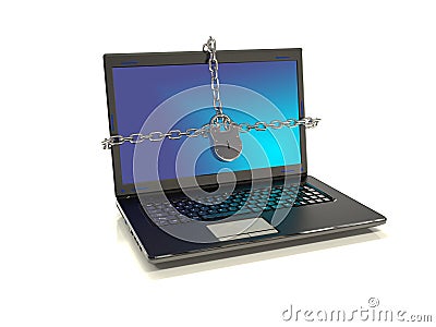 Laptop chains to lock the screen 3 d render Stock Photo