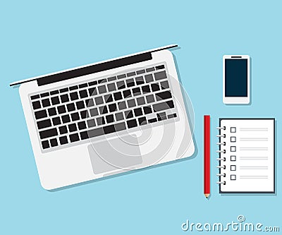 Laptop, checklist notebook pencil and smartphone Vector Illustration