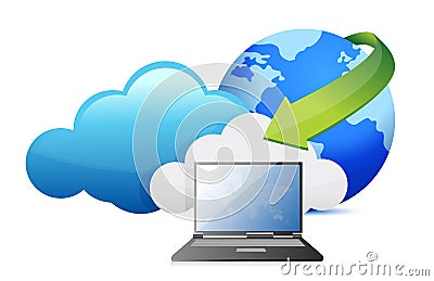 Laptop cloud computing moving concept Cartoon Illustration