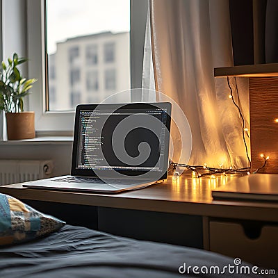 Laptop Coding at Night, Cozy Home Office Setup, Programmer Workspace, Illuminated by Fairy Lights, Soft Lighting, Window View, Stock Photo