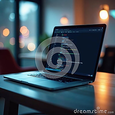 Laptop coding website interface, futuristic office , computer, technology, digital Stock Photo