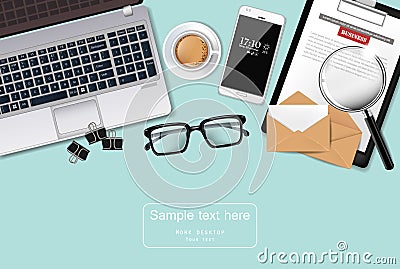 Laptop, cofee and glasses office desk Vector realistic. gadgets 3d detailed illustrations Vector Illustration