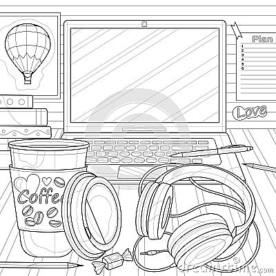 Laptop, coffee and headphones are on the table.Coloring book antistress for children and adults. Vector Illustration