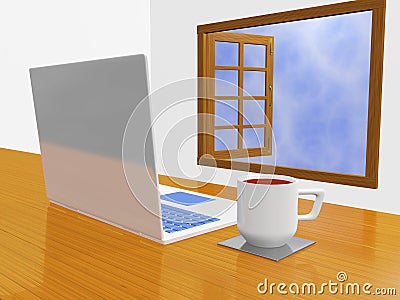 Laptop Coffee Mug in Front of Open Window Cartoon Illustration