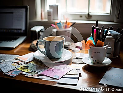 Laptop coffee sticky notes on desk Stock Photo