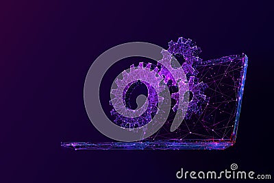 Laptop and cogs low poly vector illustration. Vector Illustration