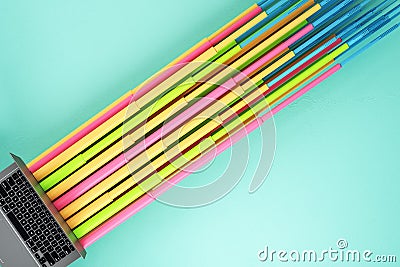 Laptop with colorful connection lines Stock Photo