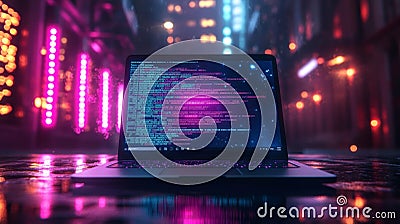 Laptop with colorful programming code illuminated by neon lights Stock Photo