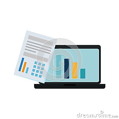 laptop computer with bars statistics and documents Cartoon Illustration