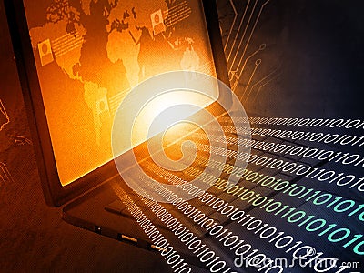 Laptop computer with binary streams Stock Photo