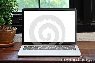 Laptop computer with blank screen for mock up template background, business technology and lifestyle background concept Stock Photo