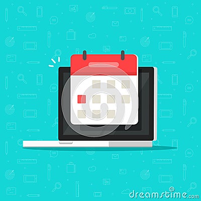 Laptop computer with calendar date or deadline event vector icon isolated flat cartoon clipart Vector Illustration