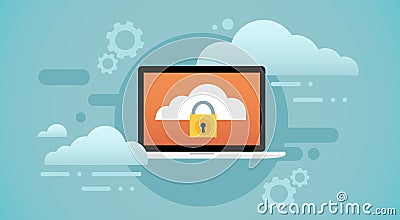 Laptop Computer Cloud Database Lock Screen Data Privacy Protection Vector Illustration