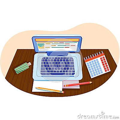 Laptop computer on desk table workspace top view Vector Illustration