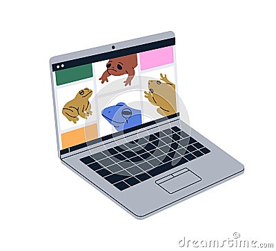 Laptop computer, digital screen displaying internet content, pictures. PC with keyboard for browsing web-site online Vector Illustration