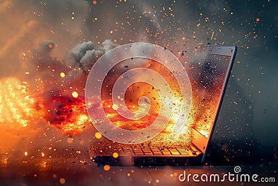 Laptop computer on fire due to a fault or its lithium battery overheating and exploding causing a thermal runawa Cartoon Illustration
