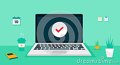 laptop computer flat vector online approve confirmed design. laptop computer check mark computer screen design Vector Illustration